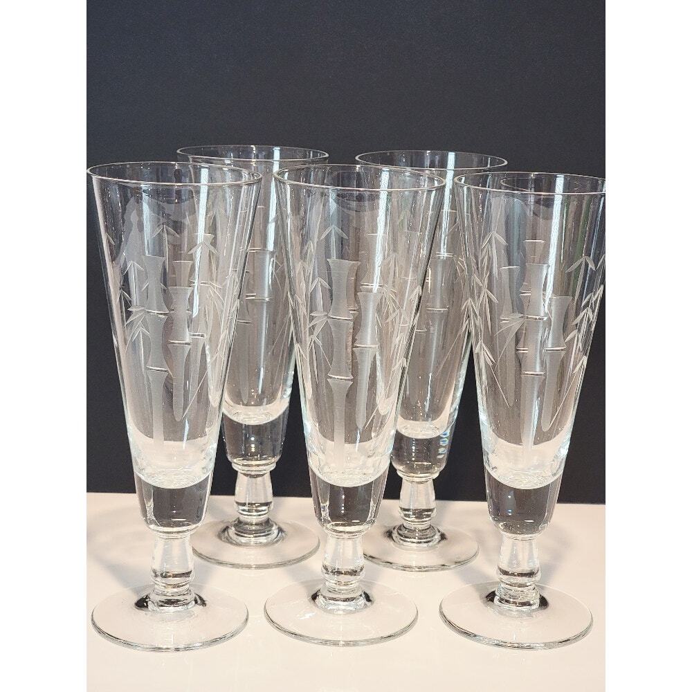 VTG Etched‎ Bamboo Pilsner Glass MCM Barware Set of 5 Retro Tall Cut Crystal